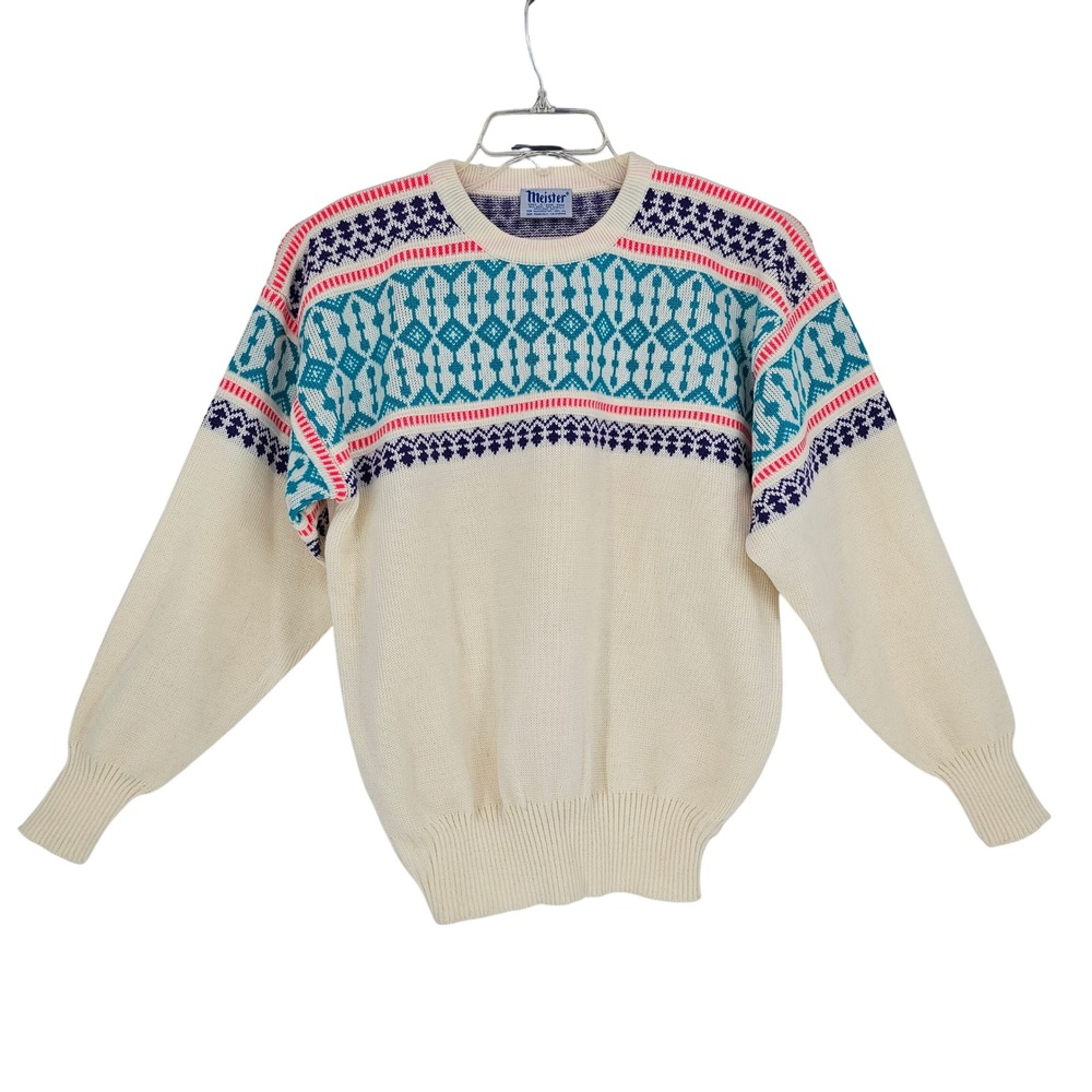 Meister‎ Vintage 70s Nordic Fair Isle Sweater M Cream Teal Wool Blend Apres Ski